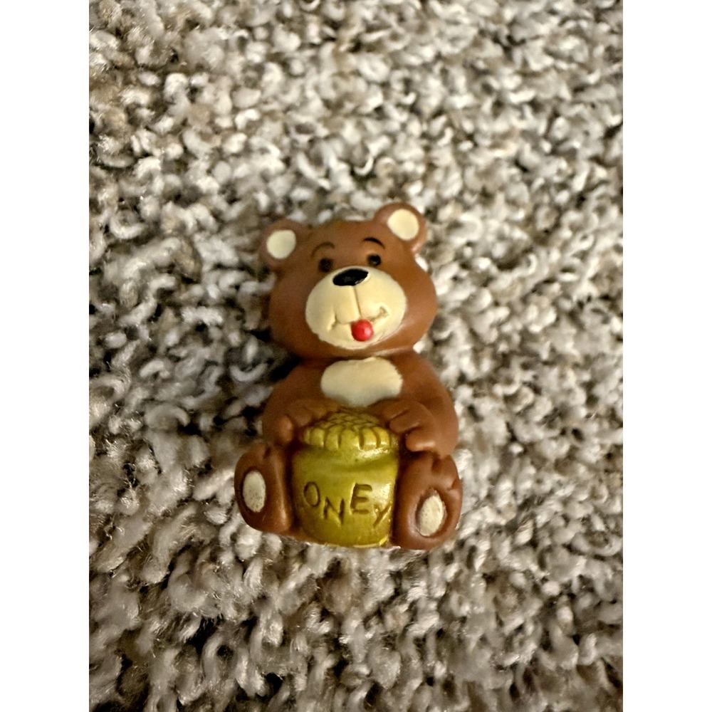 Vintage Miniature Plastic Teddy Bear Figurine Holding Honey Pot (1.5") 1960's